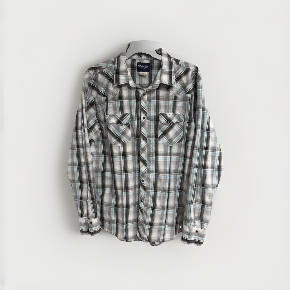 wrangler‎ mens cowboy shirt cotton snap button white blue grey XXL EUC W34